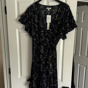 Max Studio Navy Floral Wrap Dress Medium